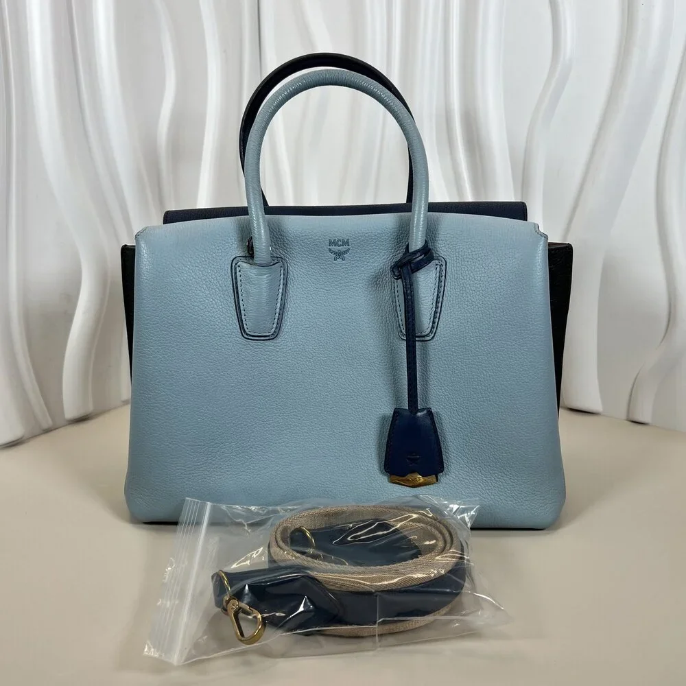 MCM Milla Medium Top Handle Tote Light Sky Blue/Mint and Black Accent